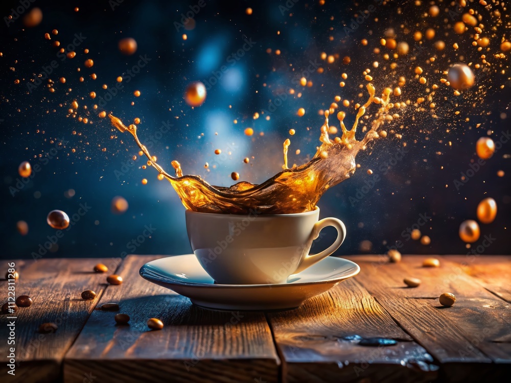 Poster Captivating Night Photography of a Coffee Cup with Dynamic Splash, Illuminated by Soft Ambient Light and Surrounding Darkness, Creating a Stunning Visual Effect for Beverage Enthusiasts