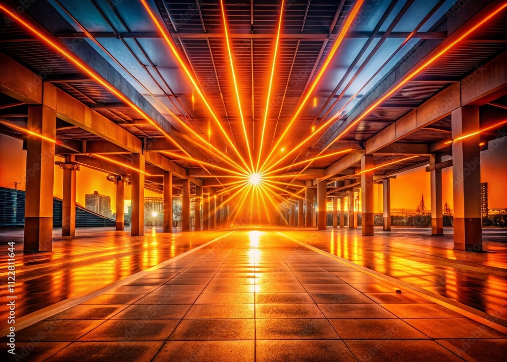 Poster captivating night photography of an orange area with gentle gradient and dynamic beams in various fo