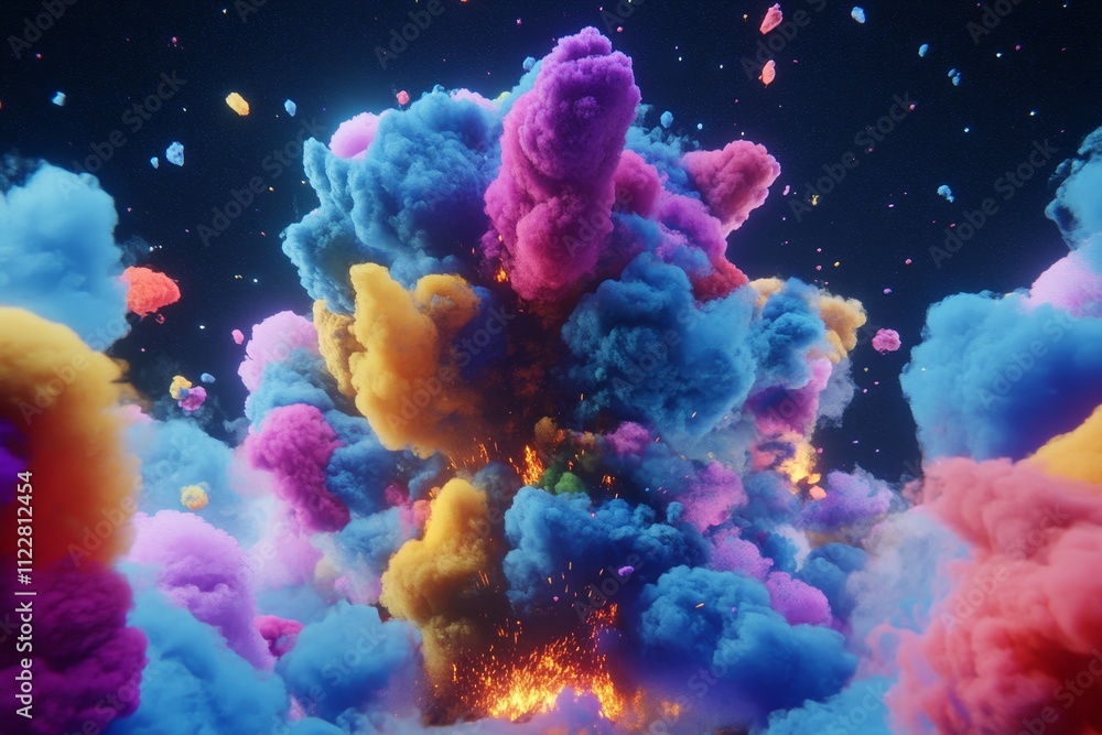 Poster colorful explosion of vivid smoke and clouds in a dark background creating a dreamy and ethereal atm