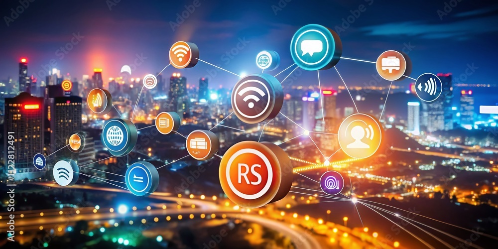 Poster captivating night photography of rss buttons illuminated in a digital landscape with glowing effects
