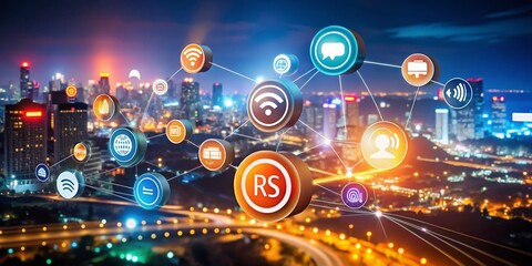 Fototapeta premium Captivating Night Photography of RSS Buttons Illuminated in a Digital Landscape with Glowing Effects and a Vibrant Color Palette for Technology and Connectivity Themes