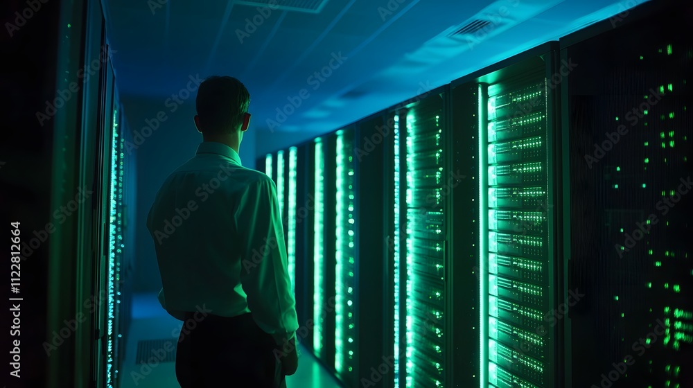 Poster a large room with many computer servers. the servers are green and are lit up. the room is very larg