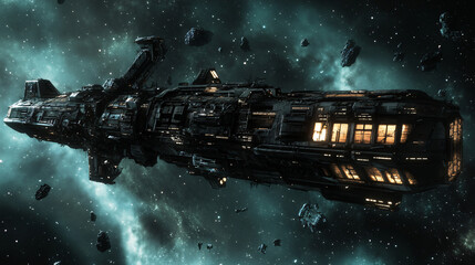 Naklejka premium An abandoned futuristic space station drifting in the void of space, with broken windows and flickering lights.