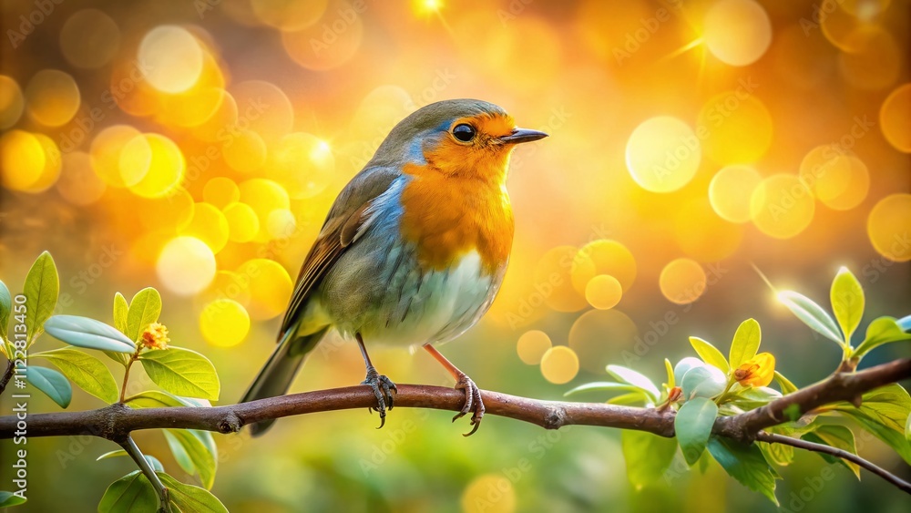 Aufkleber captivating orange bird perched on a branch with bokeh background, creating a dreamy and colorful na