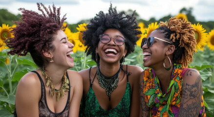 Obraz premium Three diverse young women laughing and smiling together in a sunflower field
