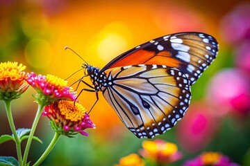 Obraz premium Captivating Plain Tiger Butterfly (Danaus chrysippus) Delicately Perched on Vibrant Flower, Showcasing Nature's Beauty in a Stunning Close-Up Shot