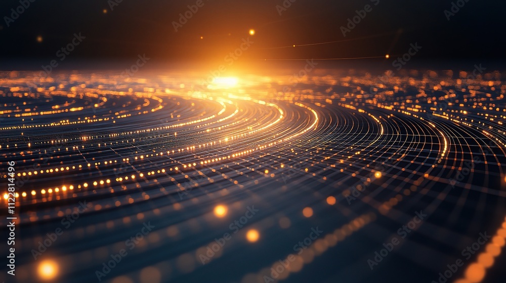Poster futuristic network technology with dynamic light waves and glow