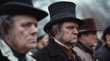 Somber men in historical attire and top hats gather solemnly outside, evoking a sense of 19th-century drama and intrigue.