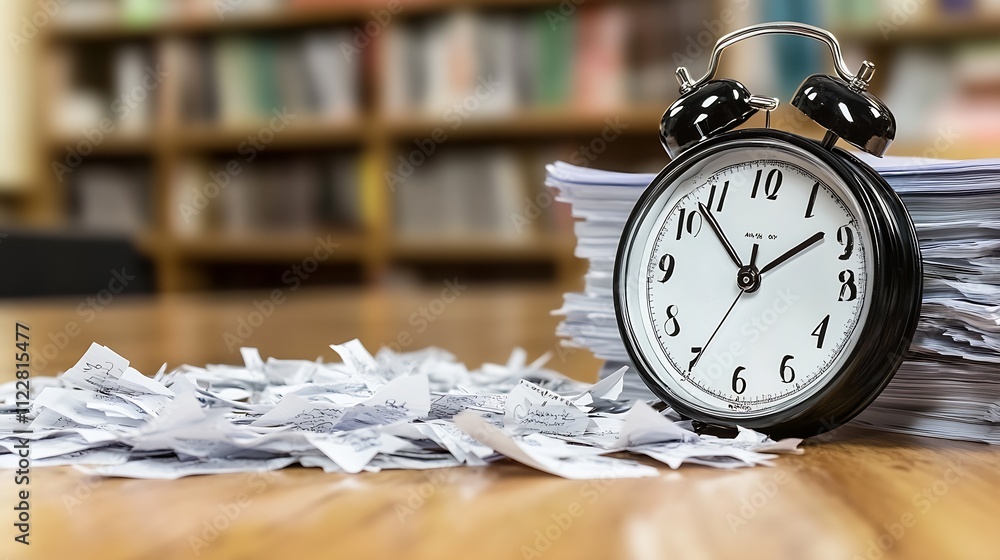 Poster Classic Alarm Clock with Pile of Papers on Wooden Desk in Academic Library Setting : Generative AI