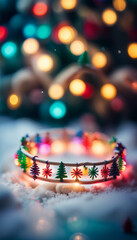 Obraz premium Vibrant beaded bracelets are creatively displayed among miniature Christmas trees and candy canes, evoking festive joy and seasonal celebration with a touch of whimsy and colorful charm.