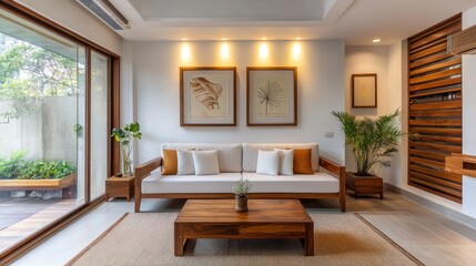 Fototapeta premium Modern minimalist living room with white sofa, wooden coffee table, and natural light.