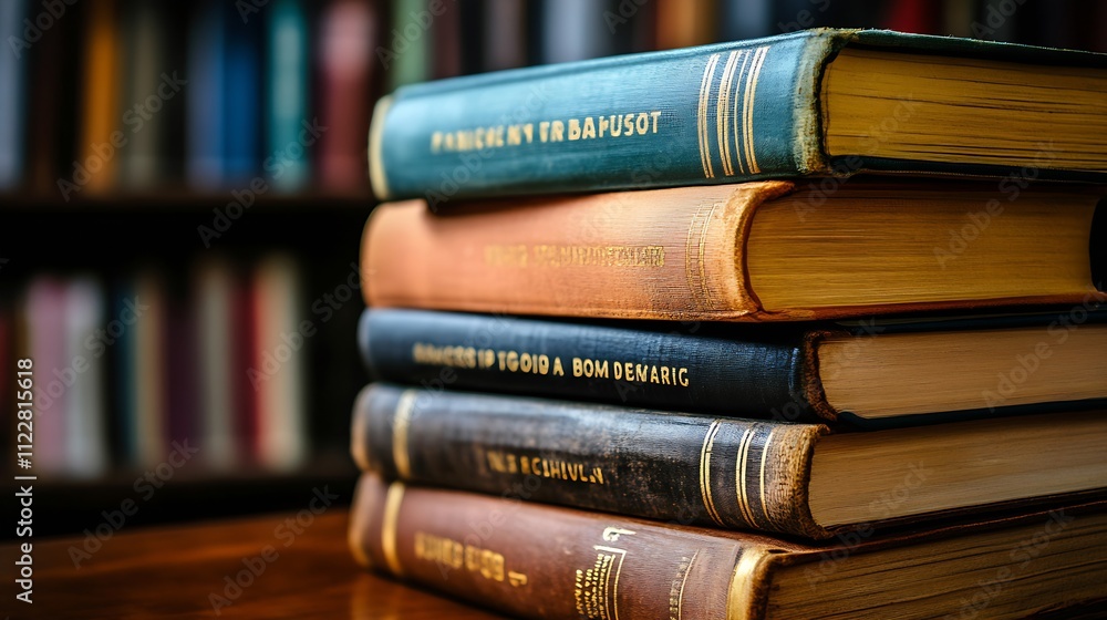 Poster stack of vintage hardback books in dimly lit library ambiance : generative ai
