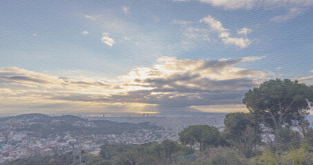 Obraz premium Beautiful view of a city with a large tree in the foreground
