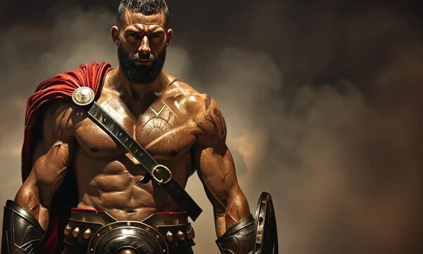 Gladiateur muscl&eacute; en tenue de combat antique, torse nu et arm&eacute;, posture puissante dans une sc&egrave;ne dramatique enfum&eacute;e, ambiance &eacute;pique inspir&eacute;e de l&rsquo;ar&egrave;ne romaine et des jeux de gladiateurs