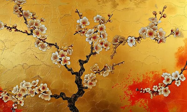 Branche de cerisier en fleurs sur plaque murale en cloisonn&eacute; chinois, fond dor&eacute; avec d&eacute;tails rouges, composition raffin&eacute;e inspir&eacute;e de l&rsquo;art traditionnel asiatique et des saisons florales
