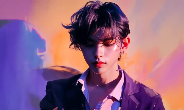 Jeune homme au style kpop avec lumi&egrave;re color&eacute;e, m&eacute;lange animation et vid&eacute;o en portrait mode, visage masculin, look tendance, ambiance pop cor&eacute;enne, expression intense et rendu visuel moderne