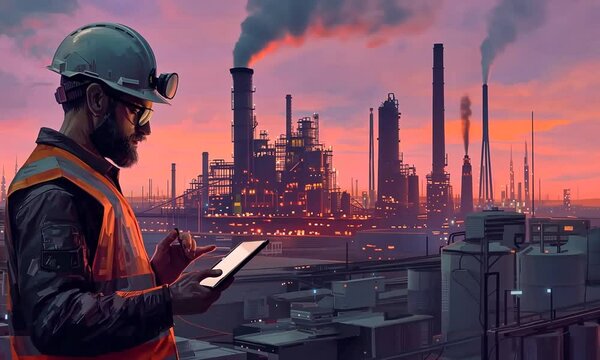 Technicien industriel avec casque de s&eacute;curit&eacute; utilisant une tablette devant une raffinerie au coucher du soleil, sc&egrave;ne d&rsquo;industrie lourde avec usine, fum&eacute;e, &eacute;nergie, pollution et infrastructure