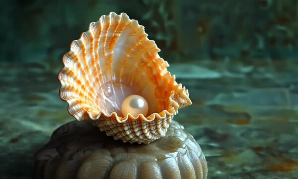 Coquillage ouvert avec perle nacr&eacute;e pos&eacute; sur support min&eacute;ral, gros plan sur coquille iris&eacute;e aux reflets dor&eacute;s, nature morte marine, tr&eacute;sor oc&eacute;anique, bijou naturel, &eacute;l&eacute;gance et luxe