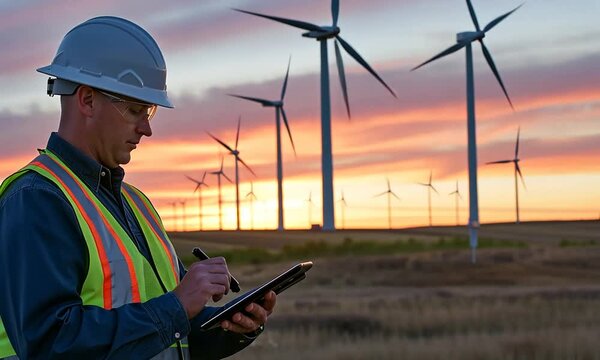 Technicien en casque de s&eacute;curit&eacute; et gilet fluorescent utilisant une tablette devant des &eacute;oliennes au coucher du soleil, sc&egrave;ne de maintenance &eacute;nerg&eacute;tique, parc &eacute;olien, &eacute;nergie renouvelable transition
