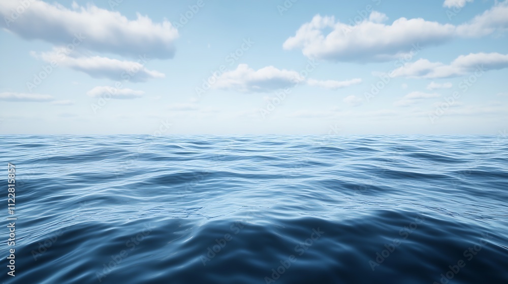 Poster Expansive View of Endless Blue Ocean with Calm Waves and Scattered White Clouds : Generative AI