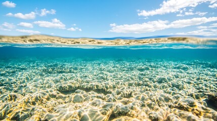 Fototapeta premium Sunlit Shimmering Underwater Sandscape With Sparkling Waters And Clear Blue Sky Above Horizon : Generative AI