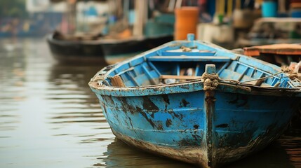 Blue Wooden Boat Moored in Harbor Reflecting Nautical Spirit and Rustic Dockside Setting : Generative AI