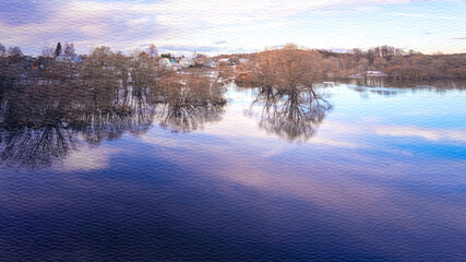 Obraz premium Painting of a lake with a house in the background
