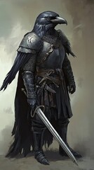 Naklejka premium A Raven Knight Stands Guard With Sword