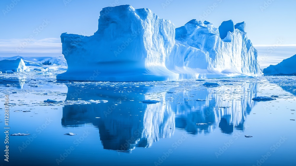 Poster expansive blue iceberg reflecting in calm arctic ocean clear sky : generative ai