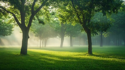 Obraz premium Sunlit Forest Greenery with Lush Grass Amidst Majestic Trees and Gentle Morning Haze : Generative AI