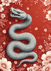 Obraz premium vector of a black and white snake on a red background with flowers and leaves ornaments arround it