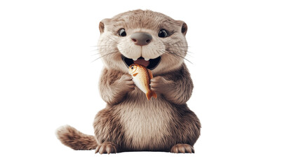 Obraz premium cute cartoon otter happily holding a fish on a transparent background
