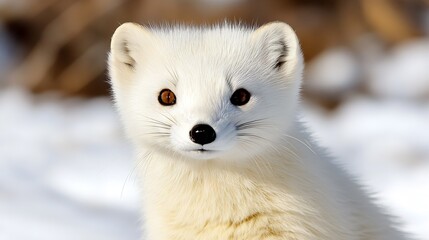 Charming Ermine with White Winter Coat Facing Camera Against Snowy Backdrop : Generative AI