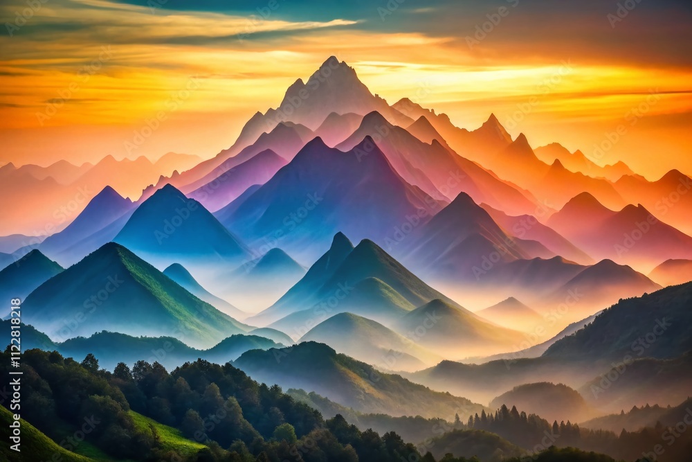 Poster captivating set of nine abstract mountains showcasing a vibrant array of colors and unique shapes fo