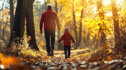 Fototapeta premium Father and Child Enjoying Joyful Walk in Sunlit Forest during Vibrant Autumn Day : Generative AI