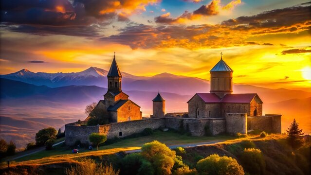 Captivating Silhouette of Bodbe Frauenkloster Against a Stunning Sunset in Kachetien, Georgia, Highlighting the Beauty of Nature and Architecture in Harmony