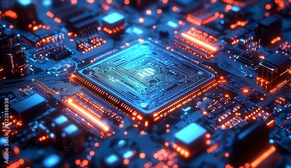 Poster futuristic close up of illuminated circuit board with glowing blue and orange lights : generative ai