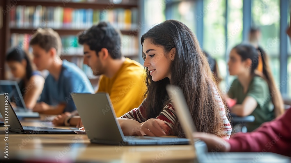 Poster Focused Students Engaged in Learning with Laptops in Modern Library Setting : Generative AI