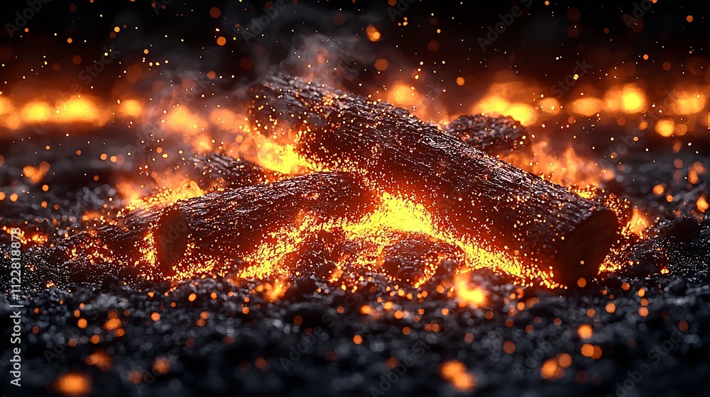 Aufkleber Burning logs emitting intense red heat amidst glowing embers in a dark atmospheric setting : Generative AI