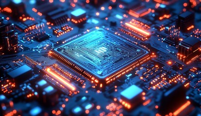 Obraz premium Futuristic Close Up of Illuminated Circuit Board with Glowing Blue and Orange Lights : Generative AI