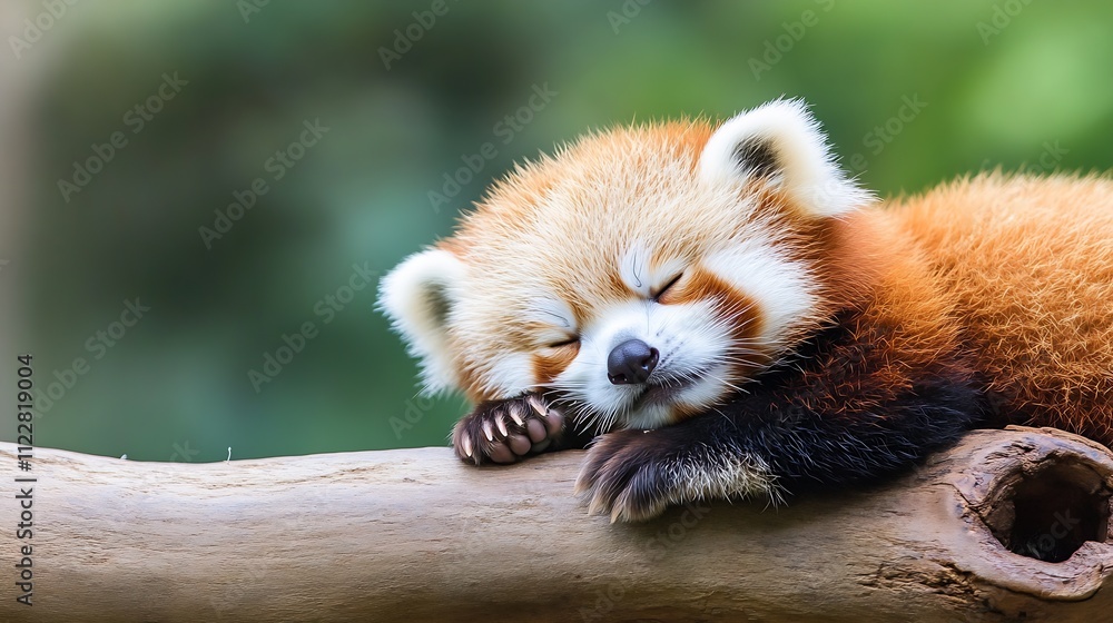 Aufkleber Tranquil Red Panda Sleeping on Tree Branch with Soft Focus and Natural Green Background : Generative AI