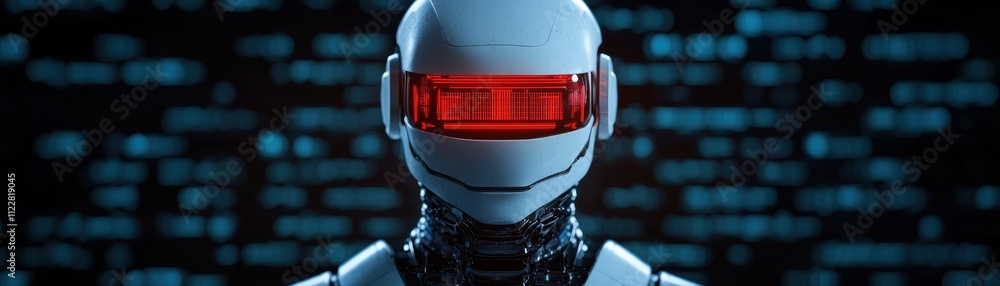 Aufkleber a futuristic robot with a glowing red visor stands against a digital backdrop, embodying themes of t