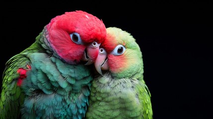Fototapeta premium Affectionate Lovebird Parrots Snuggling Together Displaying Colorful Feathers : Generative AI