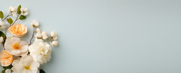 Blooming bouquet on blue pastel background. Flat lay. Top view, spring composition. Banner copyspace. Wedding invitation template. Greeting card for mother's day or women's day.