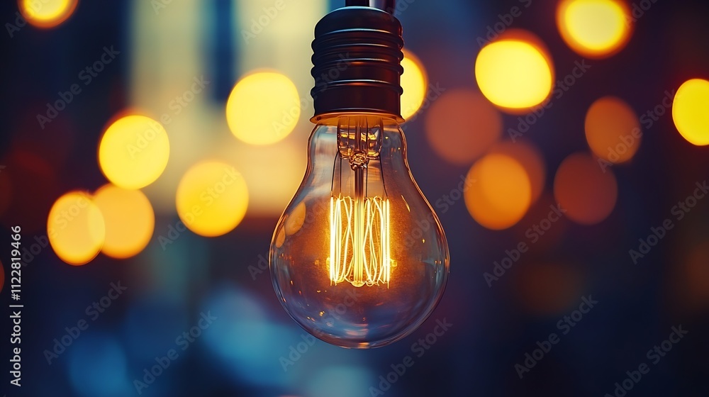 Aufkleber Vintage Edison Light Bulb with Warm Glowing Filament and Soft Bokeh Effect : Generative AI
