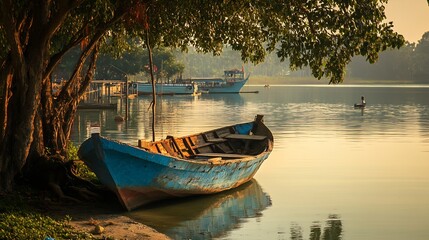 Obraz premium Rustic Wooden Boat Docked by Riverbank in Lush Green Forest Setting : Generative AI