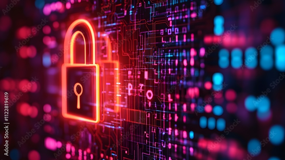 Poster a red and blue computer screen with a glowing lock symbol on it. the lock symbol is surrounded by a 