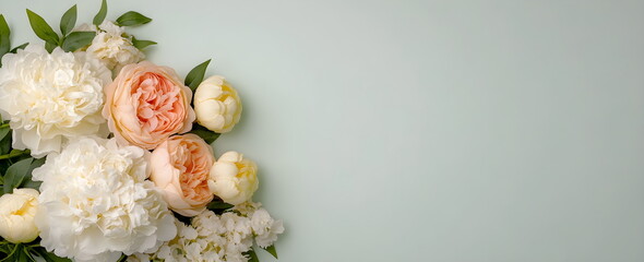 Blooming bouquet on light blue pastel background. Flat lay. Top view, spring composition. Banner copyspace. Wedding invitation template. Greeting card for mother's day or women's day.