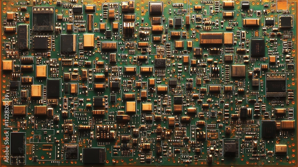 Poster Detailed Closeup of Complex Electronic Circuit Board with Microprocessors and Capacitors : Generative AI