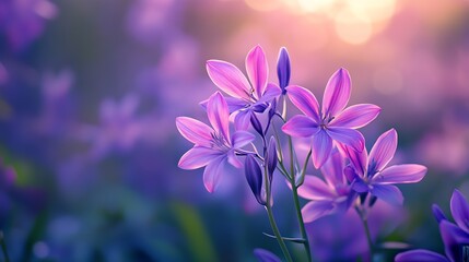 Beautiful Purple Flowers Blooming Under Golden Sunset Lighting in Nature Scene : Generative AI